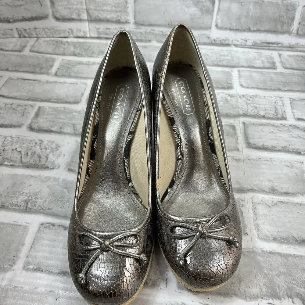 Coach Crackle Silver Women's Size 9.5/10 Metal Leather Wedge Espadrille Bow Shoe